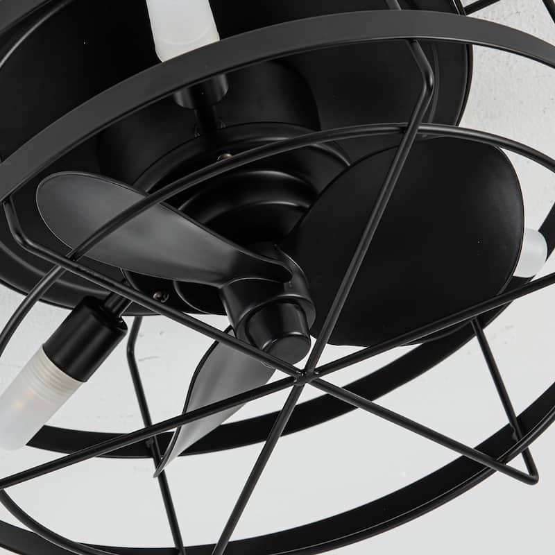 13-inch Matte Black Industrial Flush Mount Small Caged Fandelier Ceiling Fan with Remote and LED Light