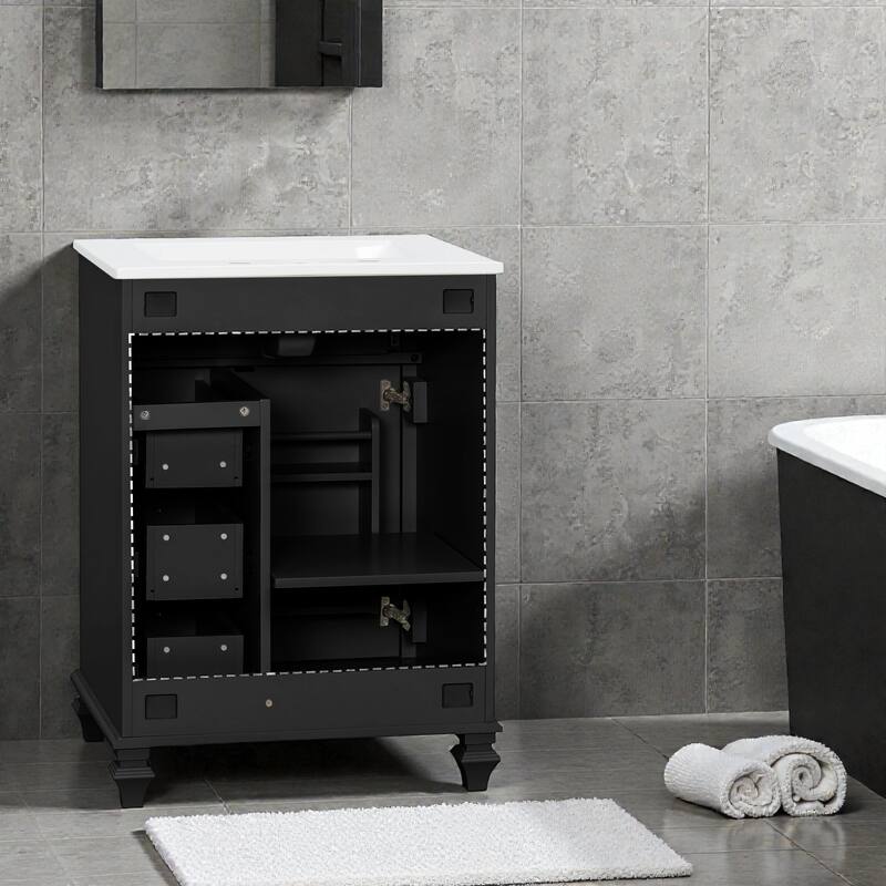24 Inch Bathroom Vanity with Ceramic Sink, White Freestanding Vanity Cabinet with Flip-Out Drawer and Storage