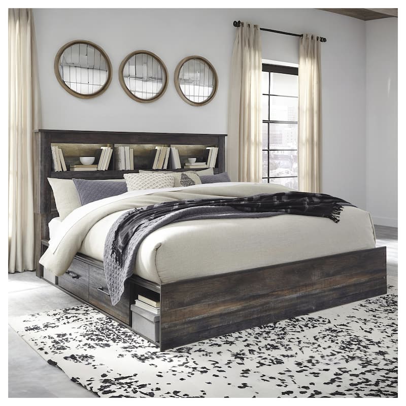 Drystan Rustic Brown Bookcase Bed with 2 Under Bed Storage Drawers