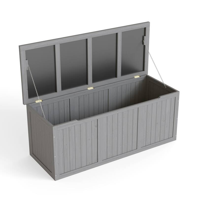 112 Gallon Wooden Deck Box Solid Wood Storage Box Seat & Table Top for Patio Furniture Cushions, Pool Toys & Garden Tools