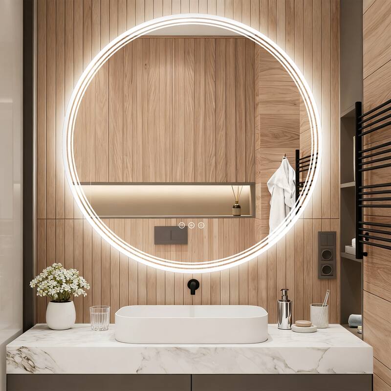 UL Certified Round Frameless Wall Mounted Anti Fog LED Bathroom Vanity Mirror, 3-Color Dimmable, HD Tempered Glass