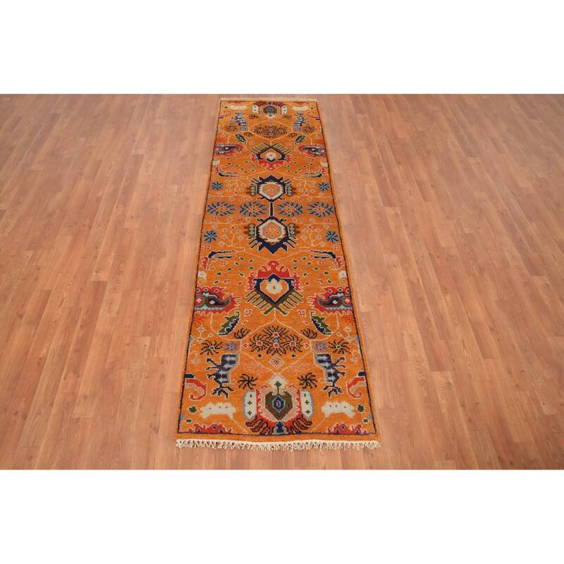 Hand Knotted Oriental 100% Wool Carpet Transitional All-Over Oranges & Rust Oushak Runner Rug - 7' 11'' X 2' 6''