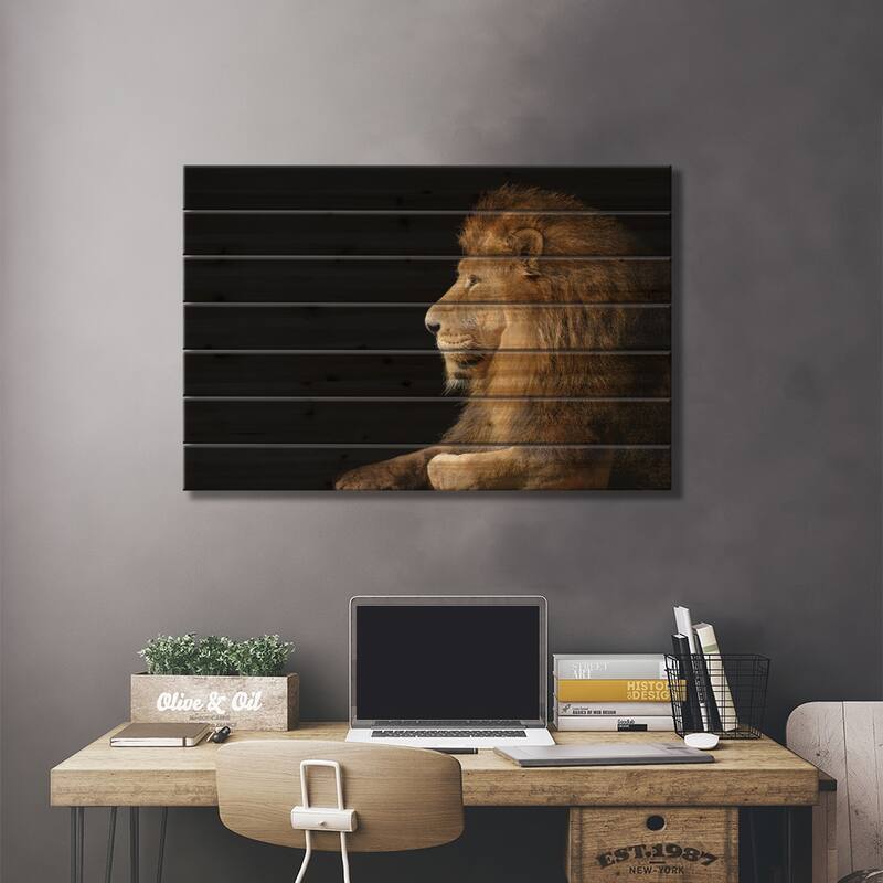 African Male Lion On Black Print On Wood by Adrian Vieriu - Multi-Color