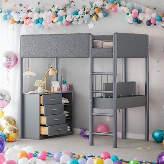 Twin Size Teddy FleeceLoft Bed Wood Bed,Storage Shelf, Drawers, and Desk,Convertible Desk,Soft Padding and Plush Fabric,Gray