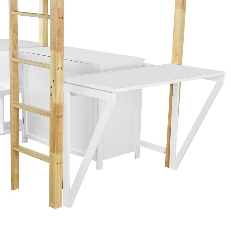 Twin Size Solid Wood Loft Bed with Built-in Storage and Foldable Desk