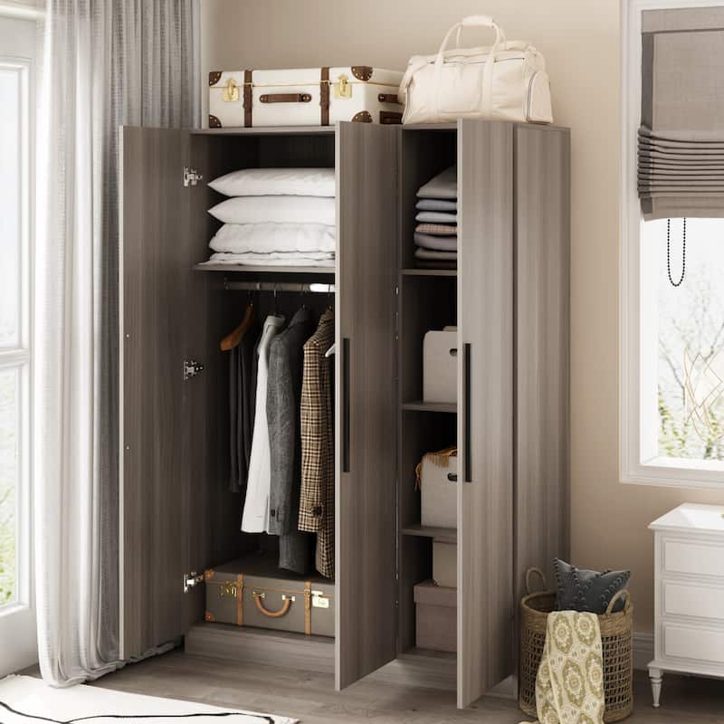 Timechee 47.2" Armoire Clothes Storage Solid Wood Handles Wardrobe White