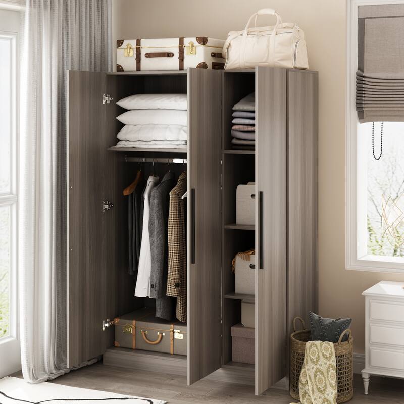Wardrobe Armoire Wooden Closet Cabinet 6 Storage Cube and Hanging Rod