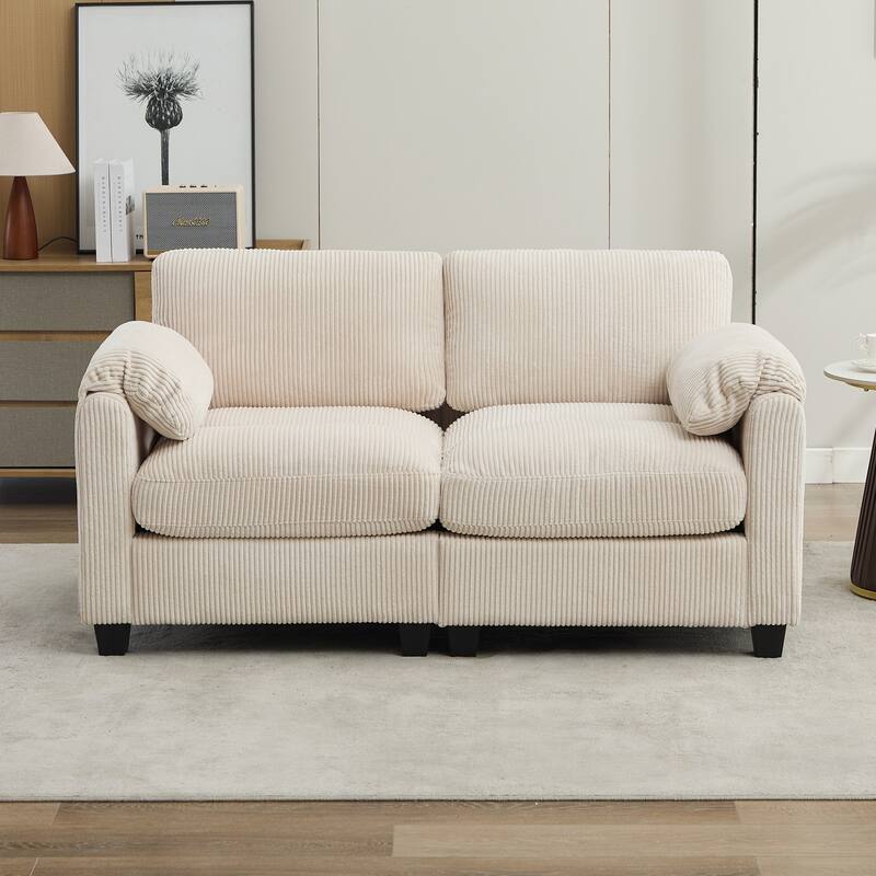 Multi-Seater Corduroy Sectional Sofa, Modular Settee, Included Removable Ottomans - Loveseats - Off White
