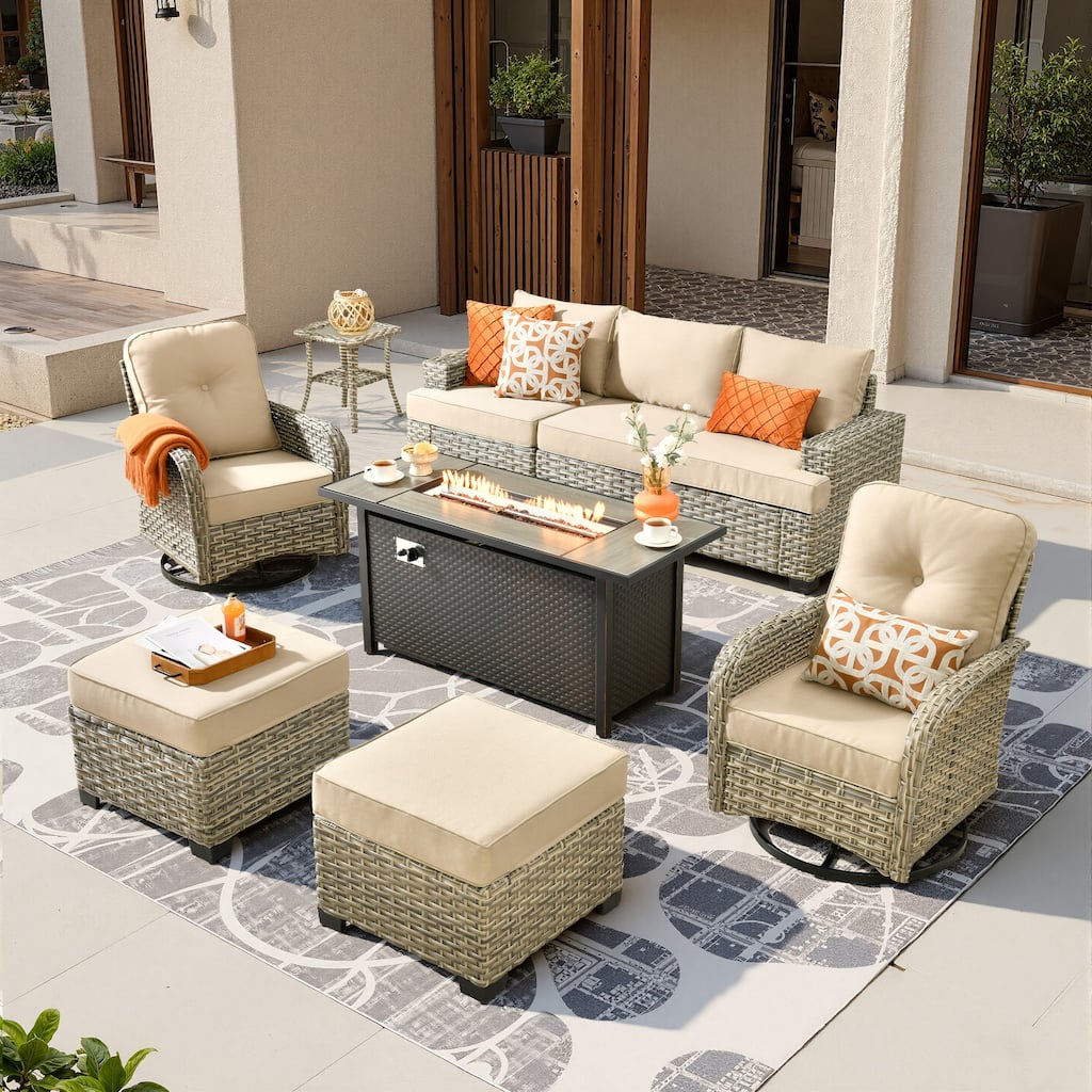 HOOOWOOO 9-piece Patio Sofa Wicker Swivel Rocking Chair Conversation Set