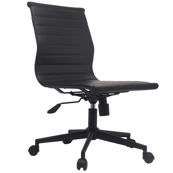 2xhome Black Swivel Adjustable Height PU Leather Office Chair Mid-Back Armless No Arms Side Ribbed Task Work on Black Base
