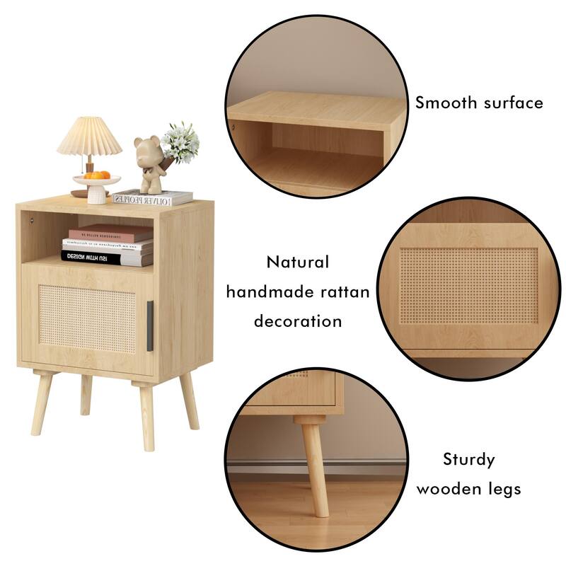 Rattan Nightstand, Sofa Side Table with Door & Open Shelf, Coffee Table with Solid Wood Legs for Bedroom, Small Spaces