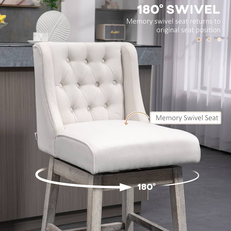 Set of 2 Vintage Swivel Counter Height Bar Stools with Linen Upholstered and Rubber Wood Legs - 18" L x 22.5" W x 39.75" D