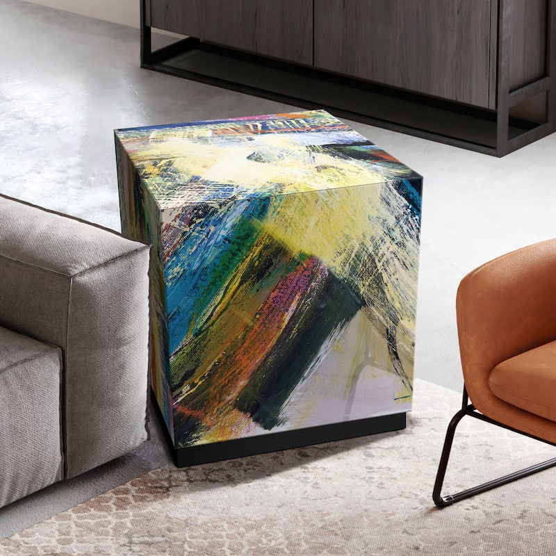 "Graffiti Rock Star II" by Jodi Fuchs Reverse Printed Beveled Art Glass Side Table with Black Plinth Base - 22" x 22" x 22"