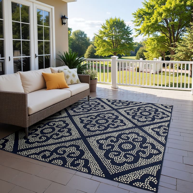Style Haven Marianna Medallion Lattice Navy/Beige Indoor-Outdoor Rug - 3' 7" x 5' 6" - Rectangle