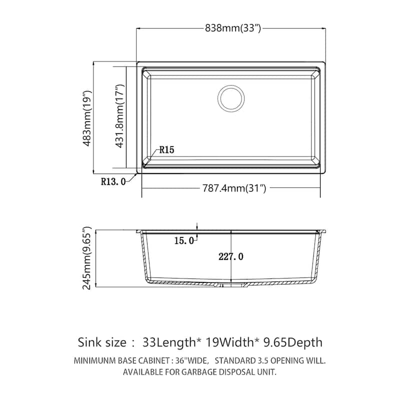 33 Inch Black granite composite Workstation undermount Quartz kitchen sink - 33 x 19