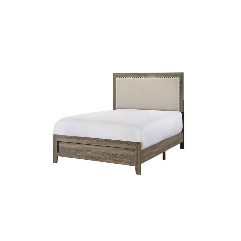 Twin Size Upholstered Headboard Panel Bed with Tufted Nailhead Trim in Grey Finish - Grey