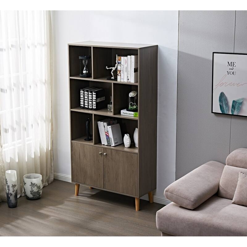 67" Bookcase with Doors, 3-tier Bookshelf