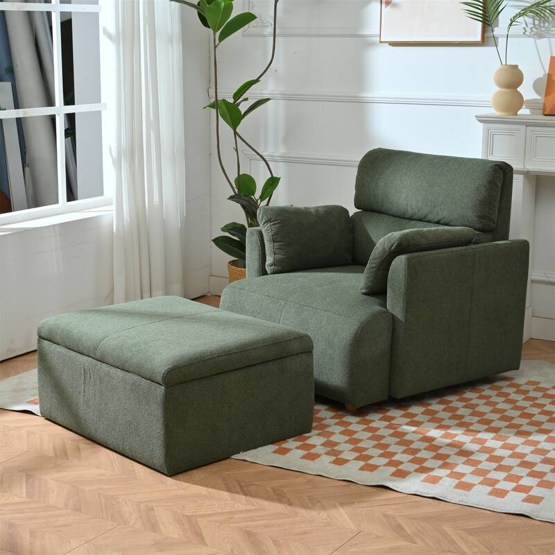 Mid-Century Wide & Deep Seat Accent Armchair with Srotage Ottoman
