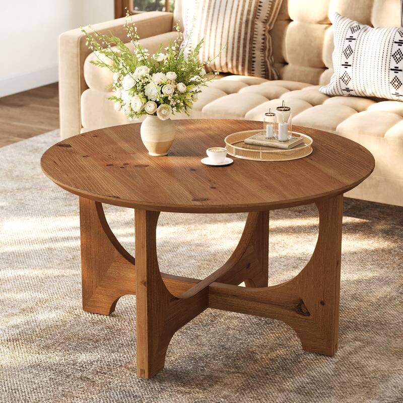 Solid Wood Round Coffee Table, Center Cocktail Accent Table for Living Room