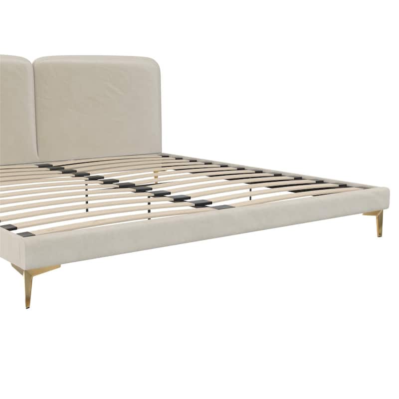 Velvet Upholstered King Size Bed with Gold-Plated Legs