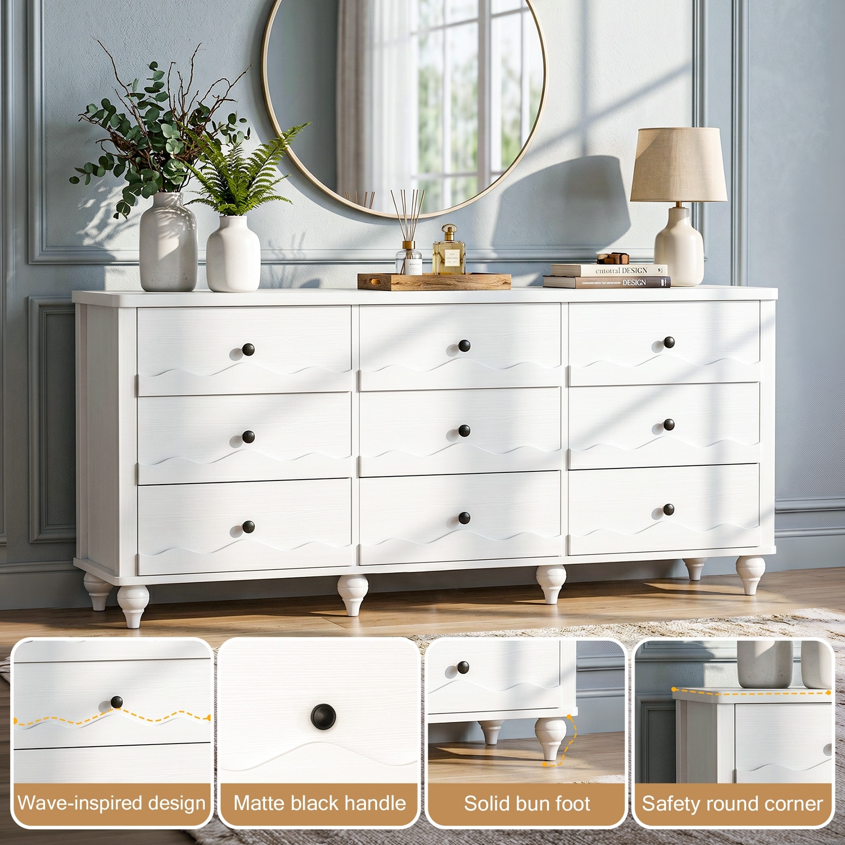 grey corner dresser Narill Wave-Inspired 9-Drawer Closet Organizer, 63-In Chest of Drawers TV Stand corner display shelf