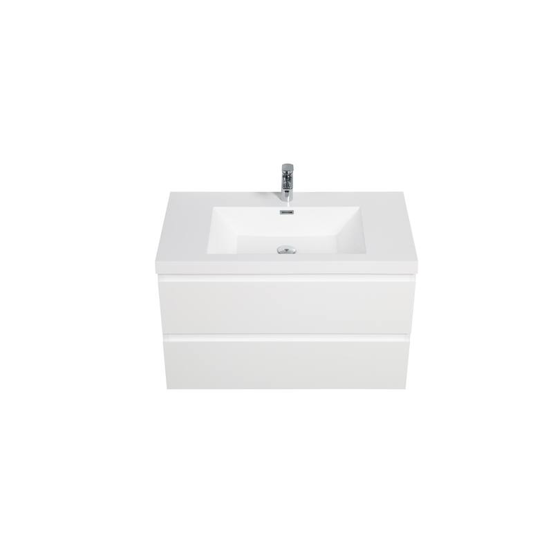 35.5-Inch Floating Bathroom Vanity with Glossy Resin Sink, Ash Grey Color, Wall-Mounted Design, 2 Drawers