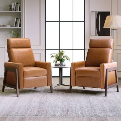 Brown PU Leather Wood Adjustable Upholstered Recliner Chair（Set of 2）