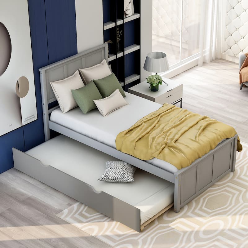 Gray Twin Platform Bed with Trundle, Solid Wood and MDF Frame, Space-Saving Design
