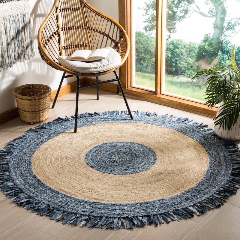 SAFAVIEH Handmade Cape Cod Telli Coastal Jute Rug with - 4' Round - Ivory/Denim