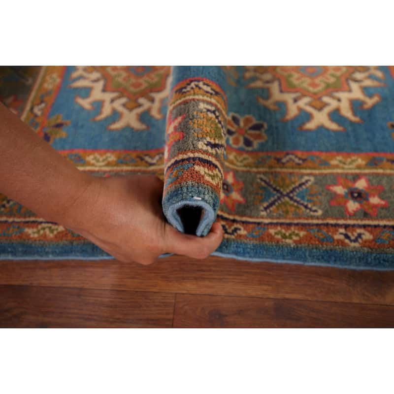 Blue Geometric Kazak Foyer Rug Hand-Knotted Oriental Wool Carpet - 2'0" x 3'1"