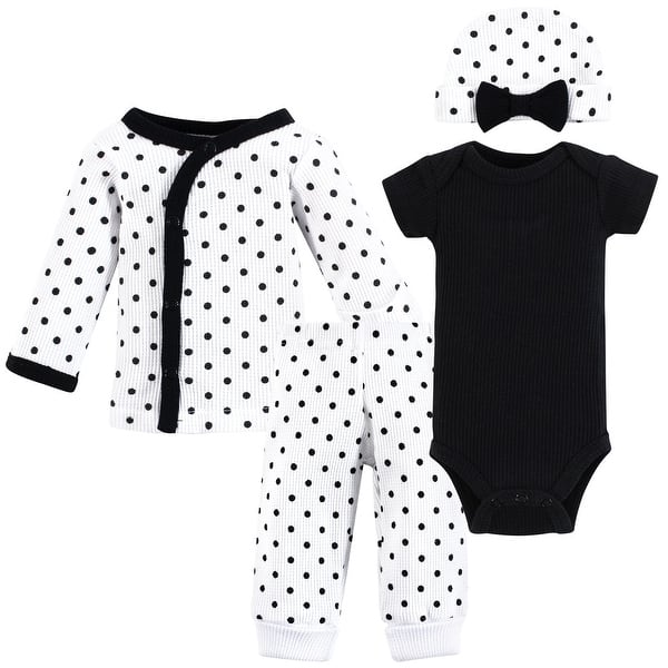 slide 1 of 1, Hudson Baby Girls Thermal Preemie Layette 4pc Set, Black White Dots, Preemie - Black White Dots Short Sleeve Preemie - Black White Dots Short Sleeve