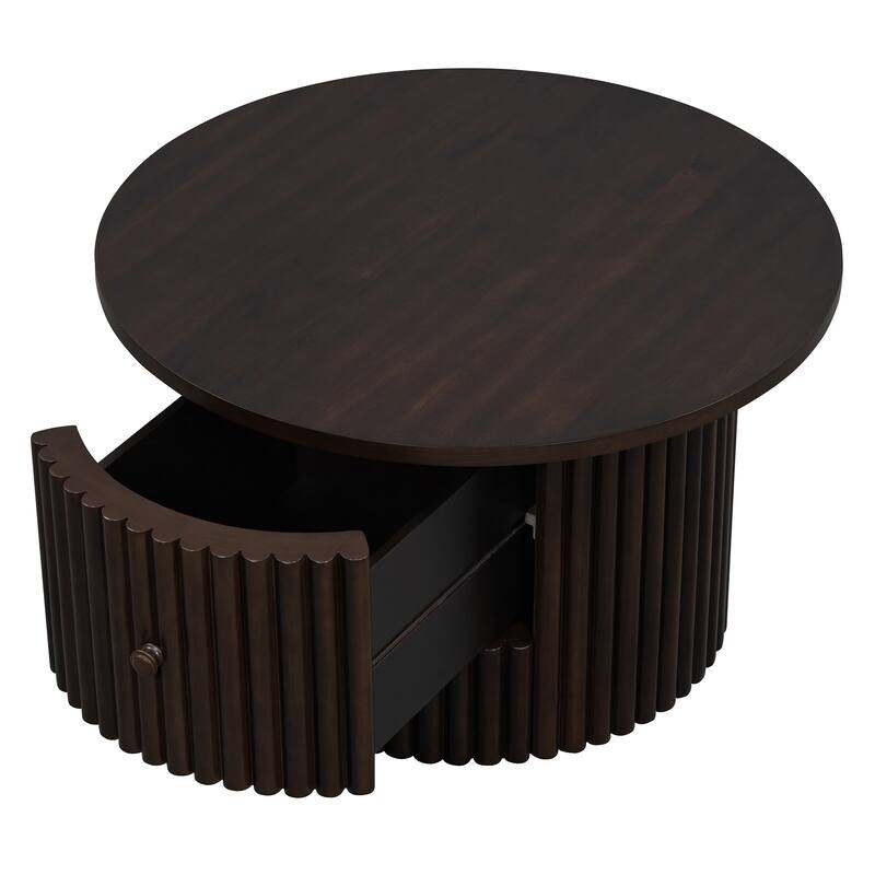 Round Coffee Table for Living Room in Dark Brown, Farmhouse Coffee Table with a Drawer, Center Table with Vertical Slat