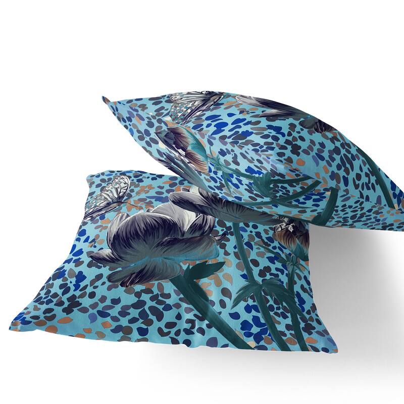 HomeRoots Set of Two 16" X 16" Blue and White Butterfly Blown Seam Floral Indoor Outdoor Throw Pillow - 16.00' X '16.00' X '5.00