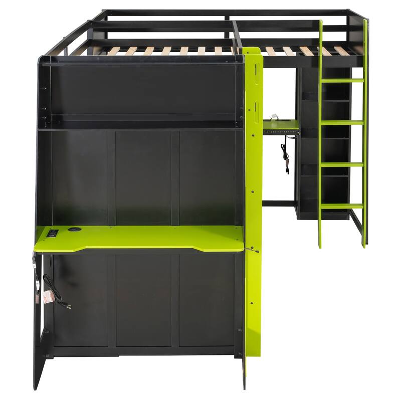 L-shaped Bunk Bed Twin Size Gaming Loft Bed with Desks, TV Stand, Shelves, Light Strip, Charging Station and Reversible Layout