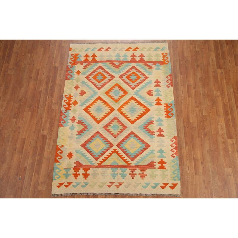 Hand Woven Oriental 100% Wool Carpet Southwestern Geometric Multi-Colored Kilim Area Rug - 6' 10'' X 4' 9''
