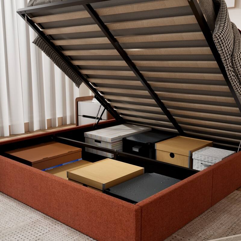Modern Upholstered Lift-Up Storage Platform Bed with Headboard