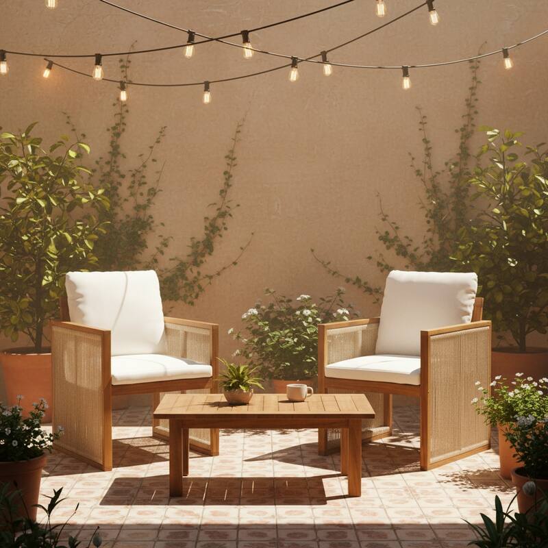 Christopher Knight Home - Valmont Modern Outdoor Acacia Wood Dining Arm Chair with Rope Back & Washable Cushion, Set of 2 - Cream,Teak+ Beige