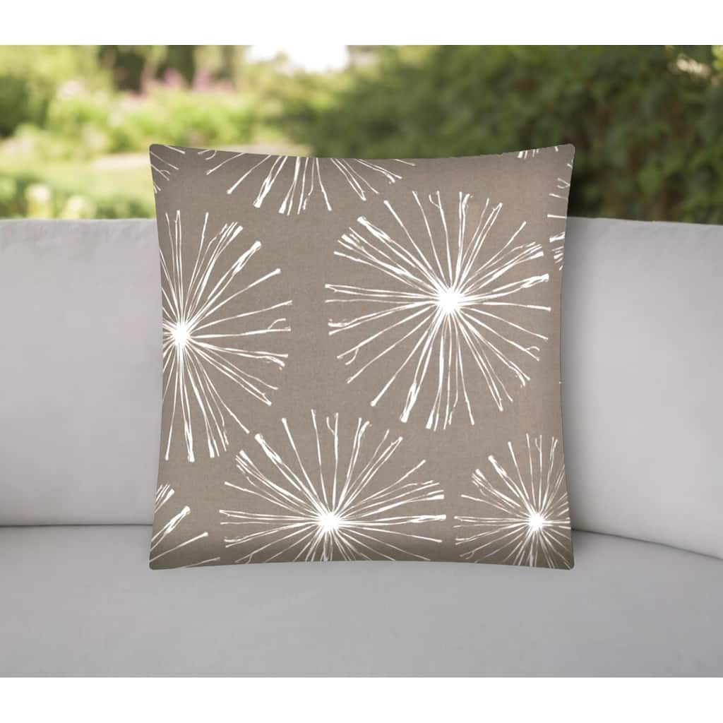 17" Taupe and White Fireworks Indoor Outdoor Throw Pillow Cover
