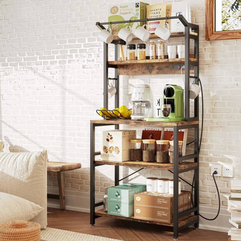 Modern Brown Bakers Rack with 3 Shelves and Microwave Stand for Coffee Bar or Kitchen Storage - 67'' H x 31'' W x 15.7'' D