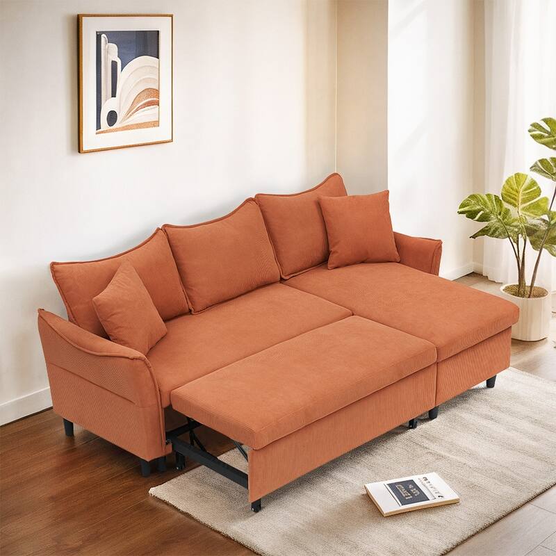 80-inch Gray Corduroy L-Shape Convertible Sofa Bed, Storage, 2 Pillows