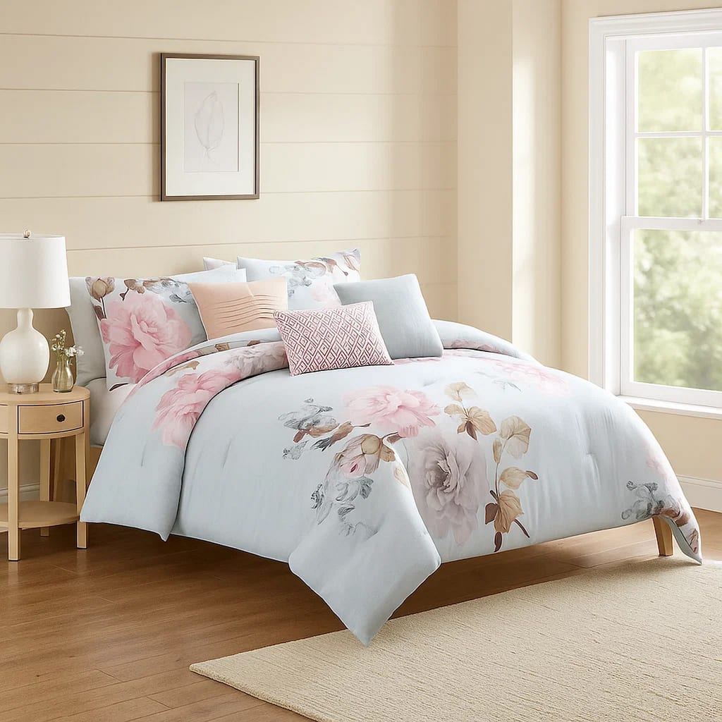 Queen Size 7 Piece Fabric Comforter Set with Floral Prints, Multicolor
