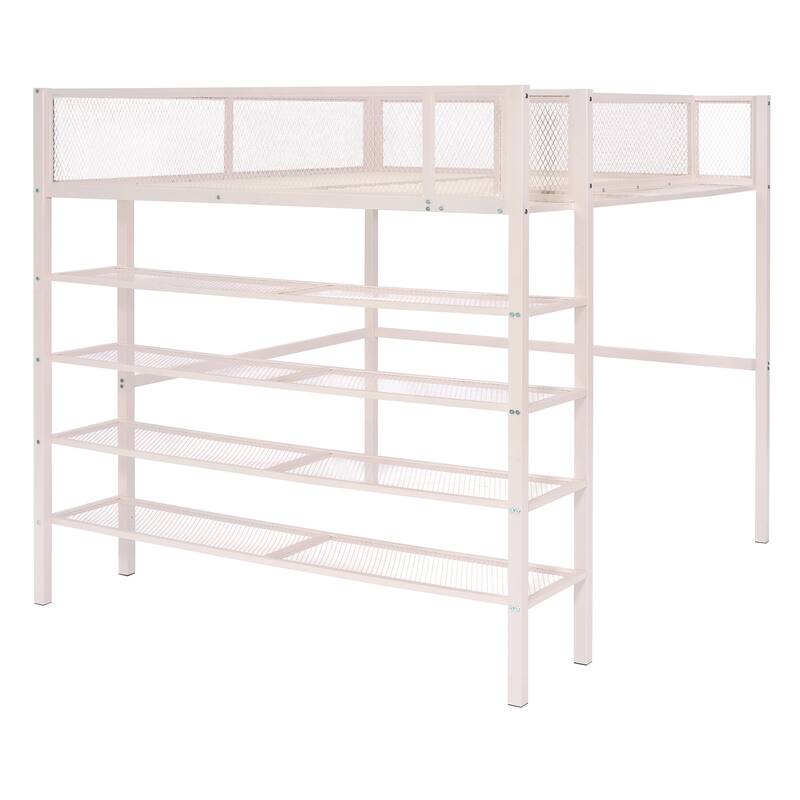 Twin/Full Metal Loft Bed with Built-in Desk, Shelves, and Storage, Modern Design