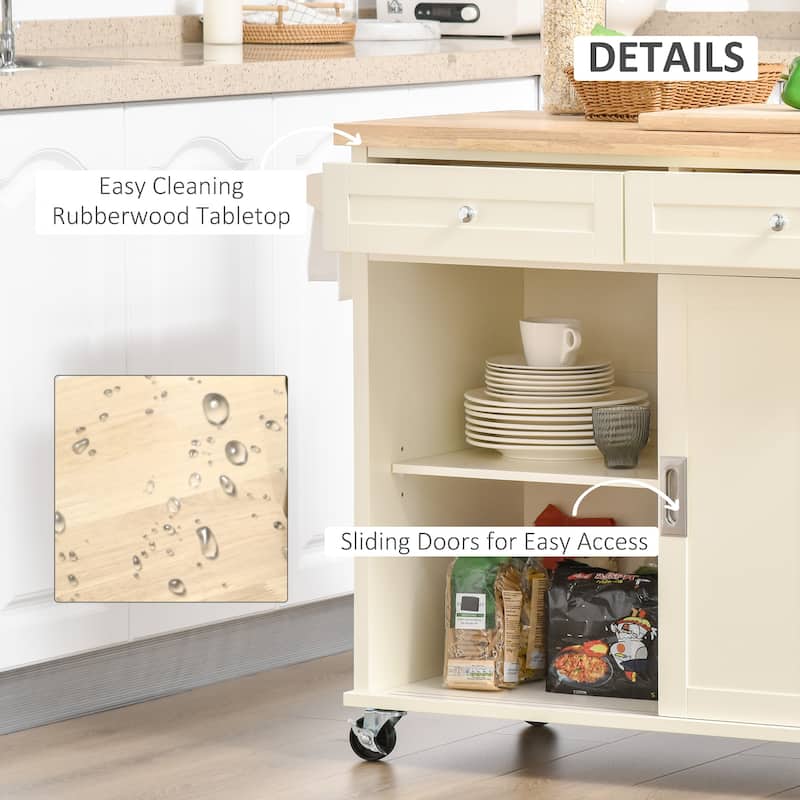 HOMCOM 43" Kitchen Island, Kitchen Storage Cart on Wheels with Sliding Doors, Cabinet, 2 Drawers, and Towel Rack, Cream White