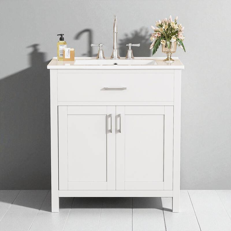 30-Inch Bathroom Vanity with Ceramic Sink, Soft-Close Doors & Ample Storage for Small Bathrooms - White