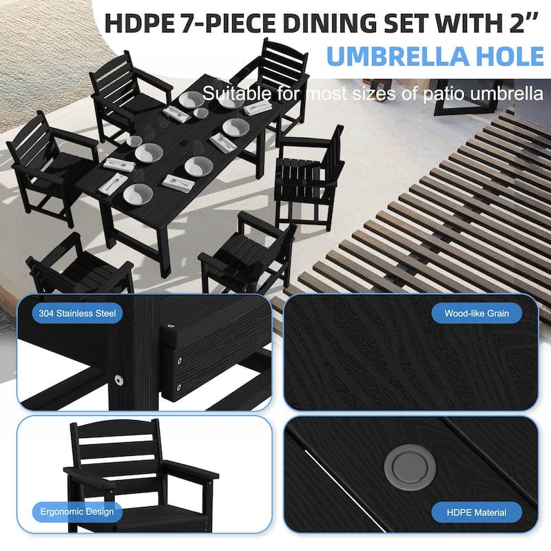 7-Piece HDPE Outdoor Dining Table Sets with Umbrella Hole - 1-Table 6-Chairs