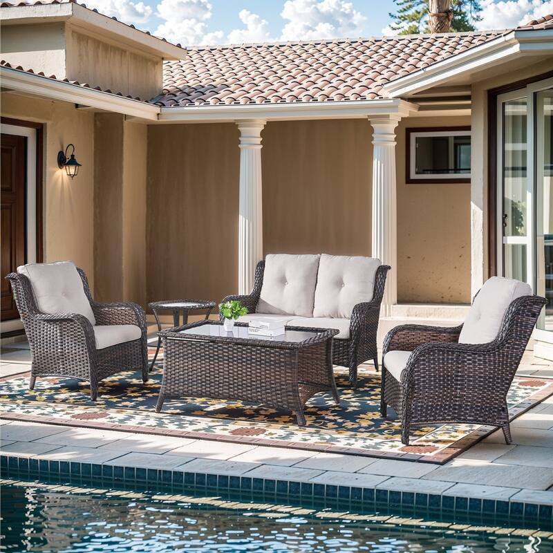 Outdoor Loveseat Sofa with Chair Ottoman Table - 5PCS - Sofa with Chair and Coffee Table - Brown Rattan - Beige Cushion