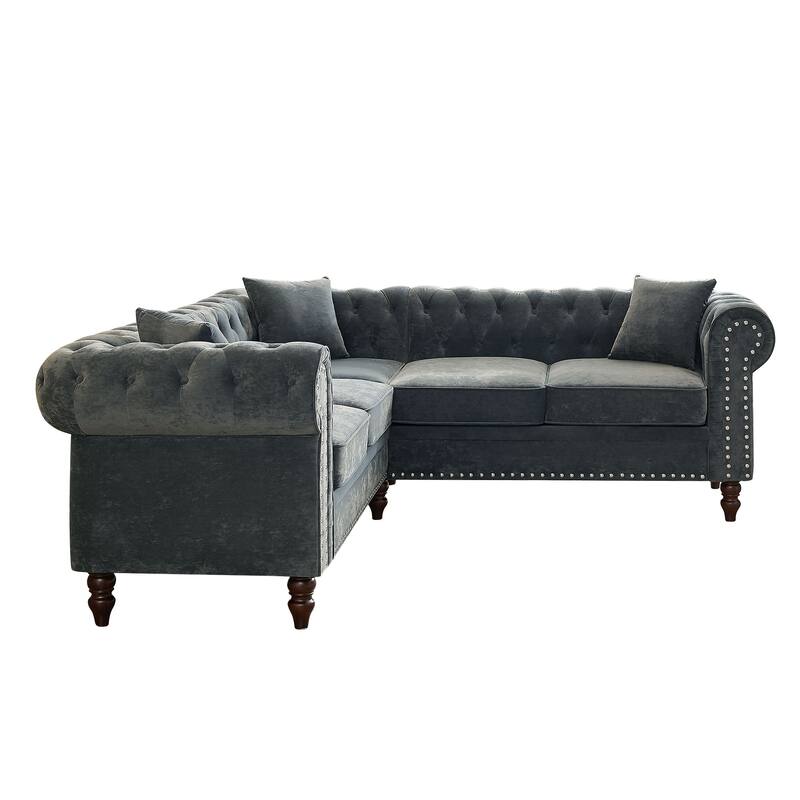 80" Velvet Chesterfield L-Shaped Sofa with Tufting & Rolled Arms
