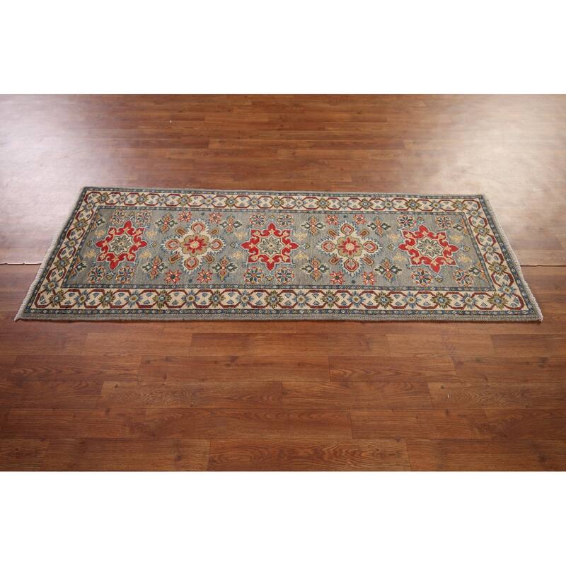 Kazak Oriental Runner Rug Hand-Knotted Grey Wool Carpet - 2'2" x 5'11"