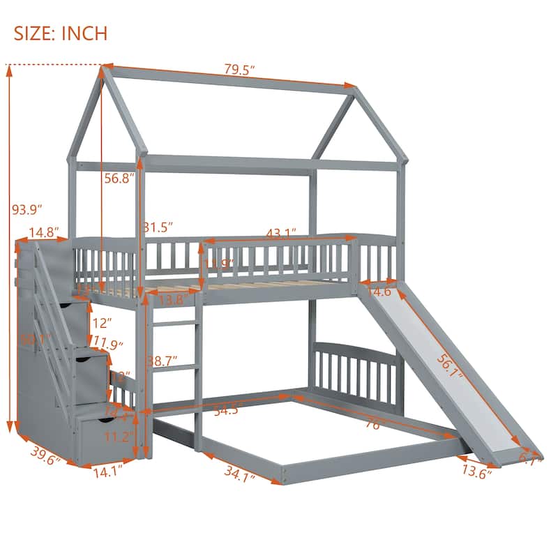 Twin Over Full Bunk Bed House Bed with Slide and Storage