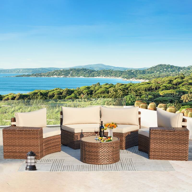 AVAWING 7 Pieces Half Moon Patio Conversation Set PE Wicker Sectional Sofa